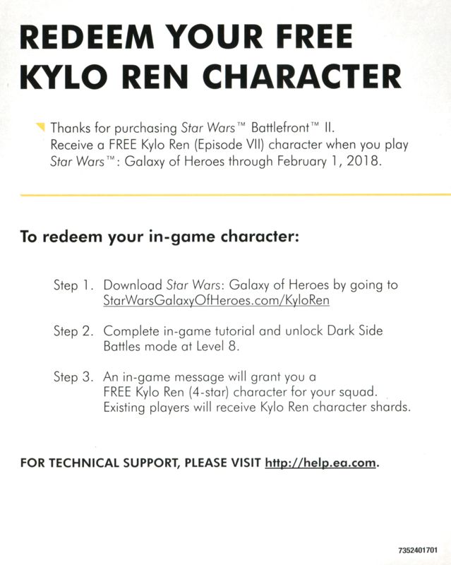 Other for Star Wars: Battlefront II (PlayStation 4): <i>Star Wars: Galaxy of Heroes</i> DLC Voucher - Back