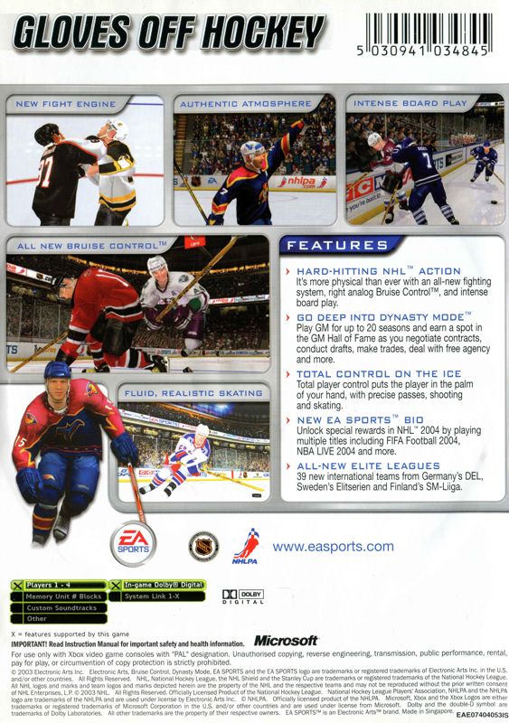 Back Cover for NHL 2004 (Xbox)