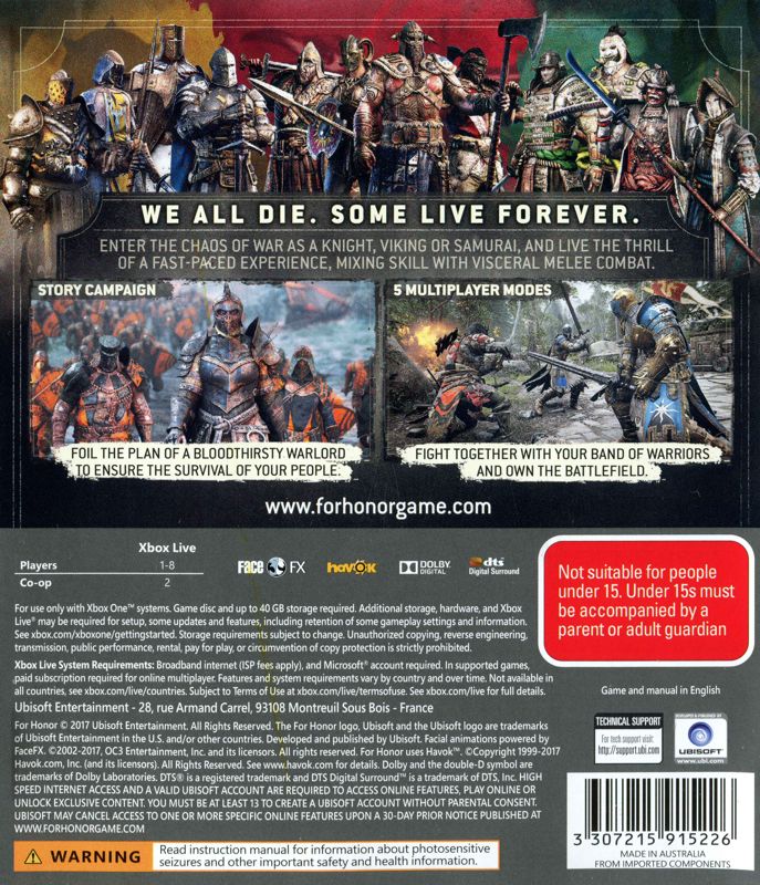 Back Cover for For Honor (Xbox One)