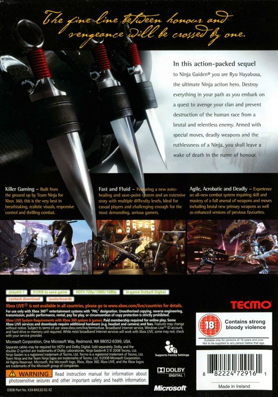 Back Cover for Ninja Gaiden II (Xbox 360) (Release with BBFC rating)