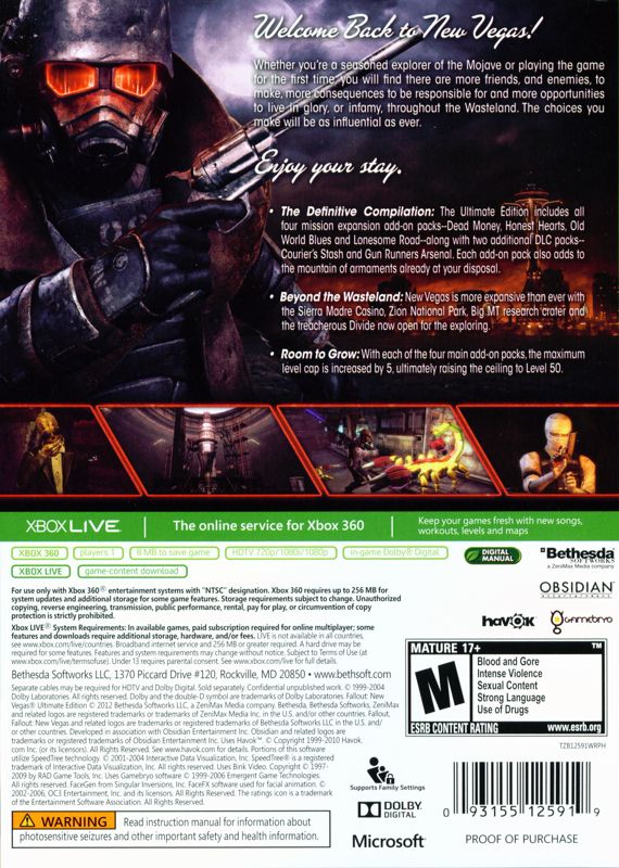 Back Cover for Fallout: New Vegas - Ultimate Edition (Xbox 360) (Platinum Hits release)