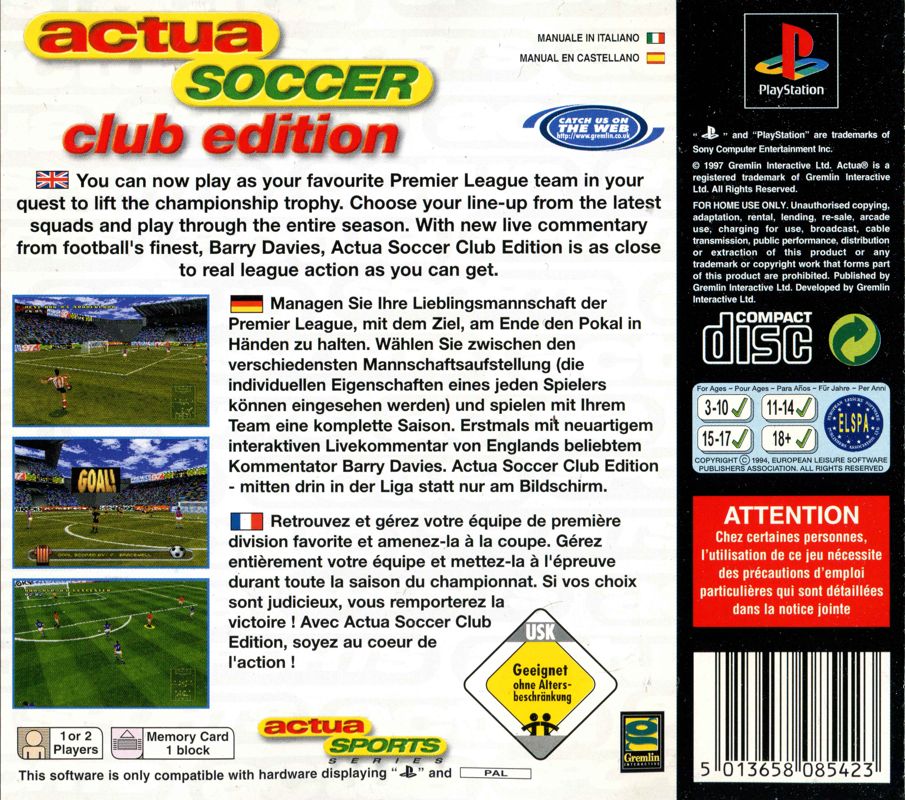 Back Cover for Actua Soccer: Club Edition (PlayStation)
