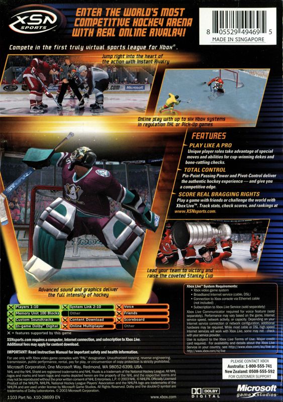 Back Cover for NHL Rivals 2004 (Xbox)