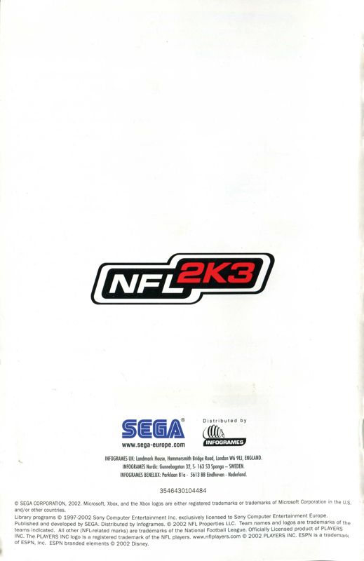 Manual for NFL 2K3 (Xbox): Back
