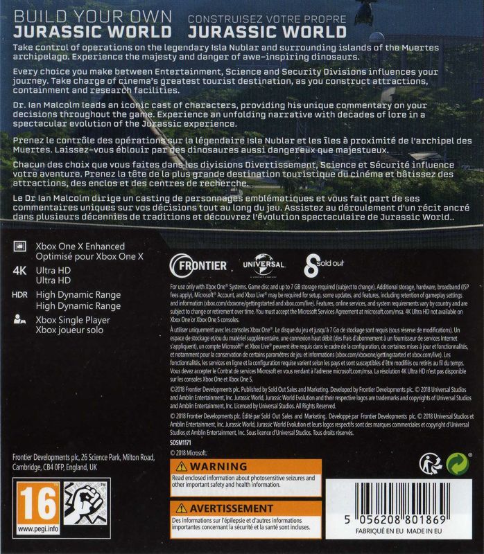 Back Cover for Jurassic World: Evolution (Xbox One)