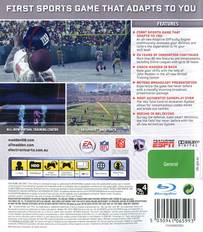 Back Cover for Madden NFL 09 (PlayStation 3)