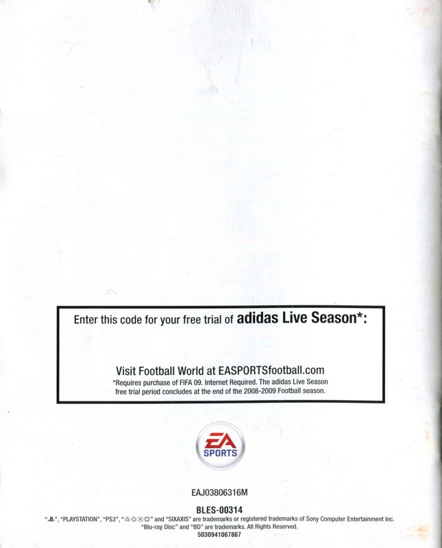Manual for FIFA Soccer 09 (PlayStation 3): Back