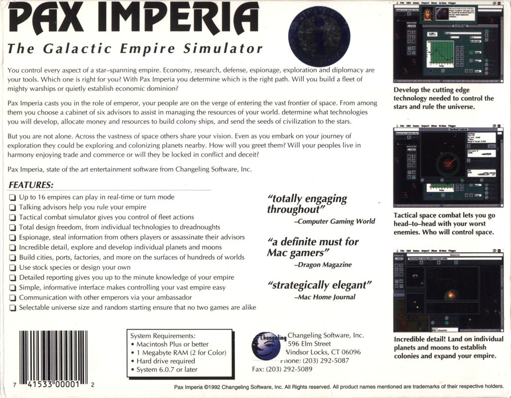 Back Cover for Pax Imperia (Macintosh) (Magazine reviews on back)