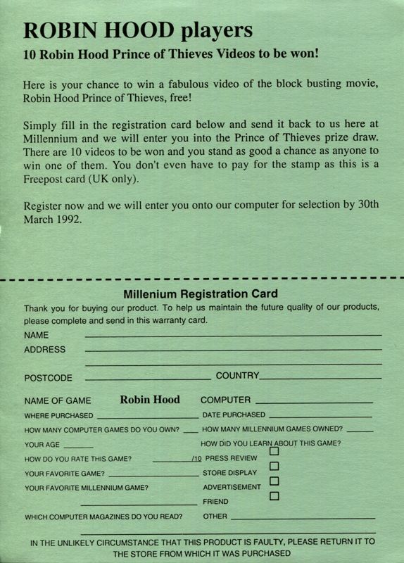 Extras for The Adventures of Robin Hood (Atari ST): Registration Card - Front