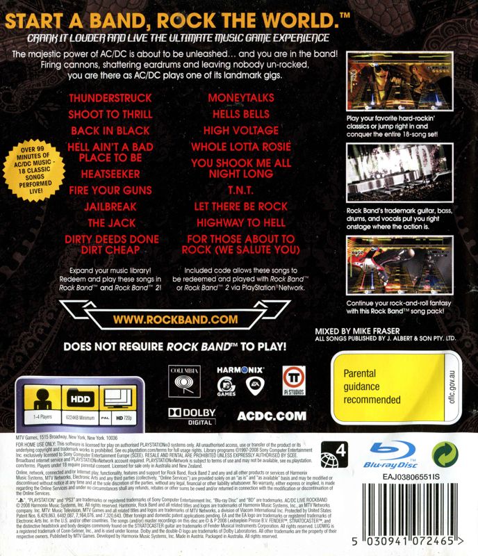 Back Cover for AC/DC Live: Rock Band - Track Pack (PlayStation 3)