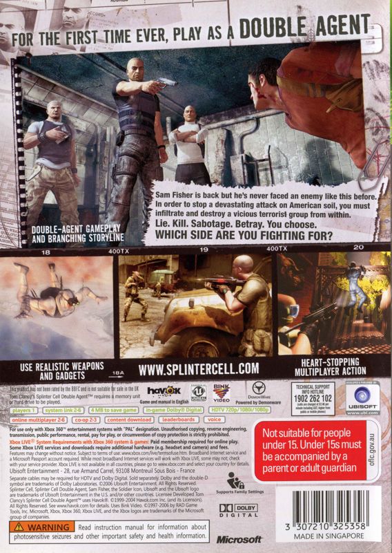 Back Cover for Tom Clancy's Splinter Cell: Double Agent (Xbox 360) (Classics release)