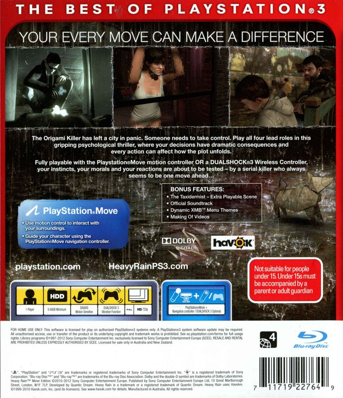 Back Cover for Heavy Rain: Move Edition (PlayStation 3) (Essentials release)