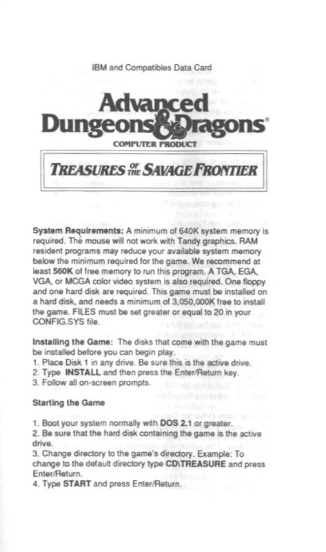 Reference Card for Dungeons & Dragons: Forgotten Realms - The Archives Collection 2 (Linux and Macintosh and Windows) (GOG.com release): Treasures of the Savage Frontier - Front