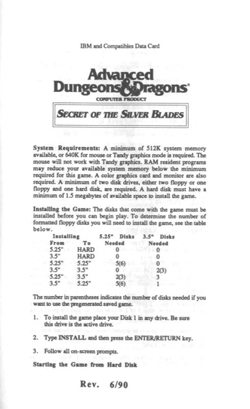 Reference Card for Dungeons & Dragons: Forgotten Realms - The Archives Collection 2 (Linux and Macintosh and Windows) (GOG.com release): Secret of the Silver Blades - Front