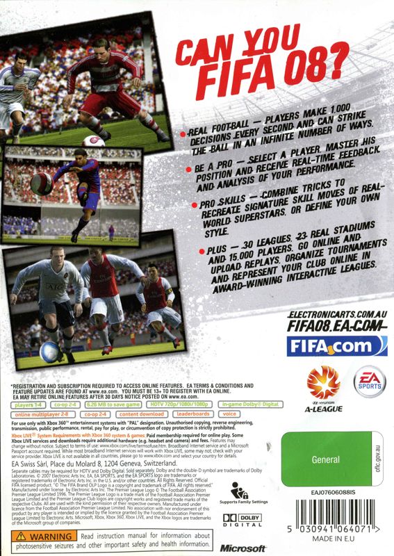 Back Cover for FIFA Soccer 08 (Xbox 360) (Classics release)