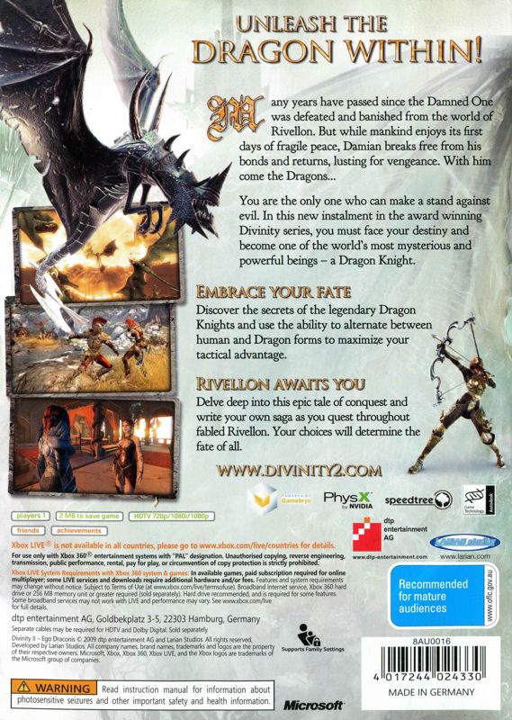 Jeu Divinity II : Ego Dragonis – Xbox 360 – Bon état – Boîtier Et Notice Inclus