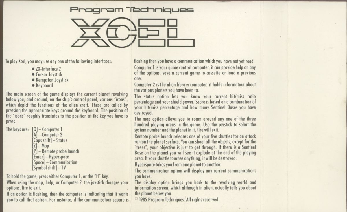 Inside Cover for Xcel (ZX Spectrum)