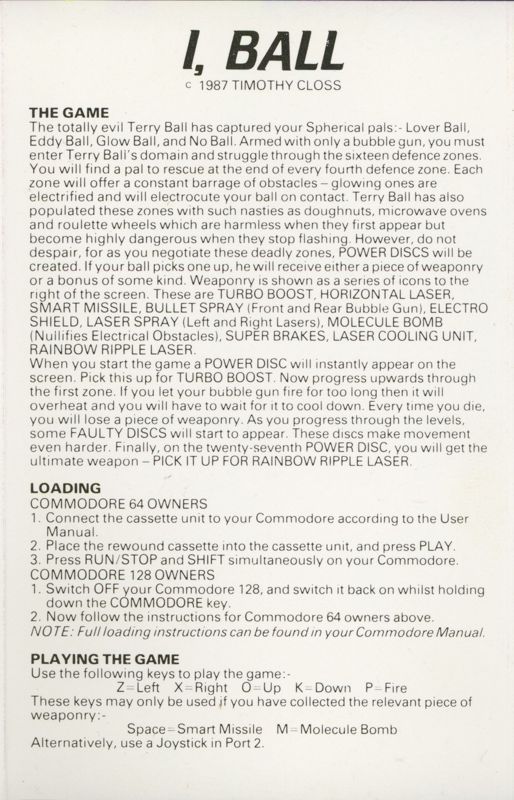 Inside Cover for I, Ball (Commodore 64)