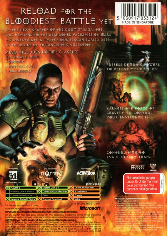 Back Cover for Doom³: Resurrection of Evil (Xbox)