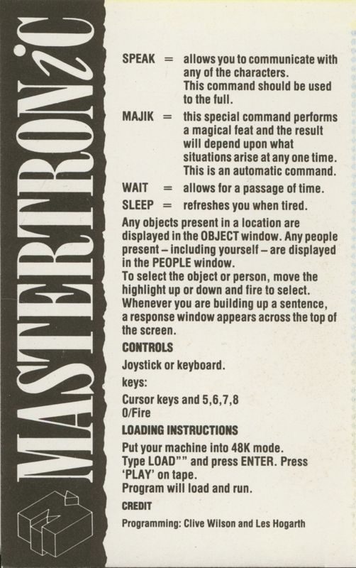 Inside Cover for Majik (ZX Spectrum)