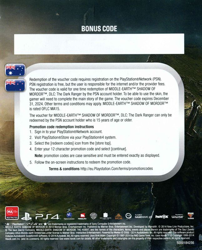 Extras for Middle-earth: Shadow of Mordor (PlayStation 4): DLC card 2 - back
