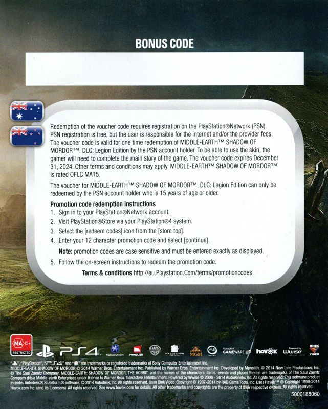 Extras for Middle-earth: Shadow of Mordor (PlayStation 4): DLC card 1 - back