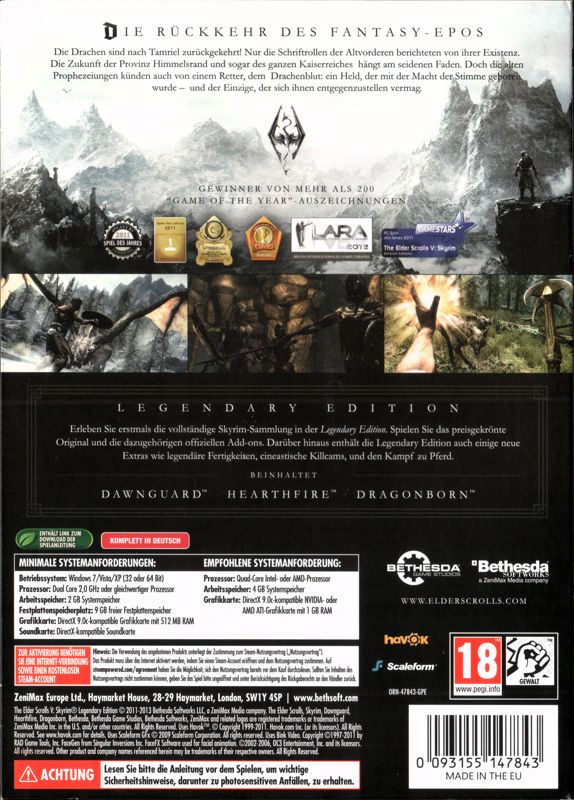 Back Cover for The Elder Scrolls V: Skyrim - Legendary Edition (Windows)