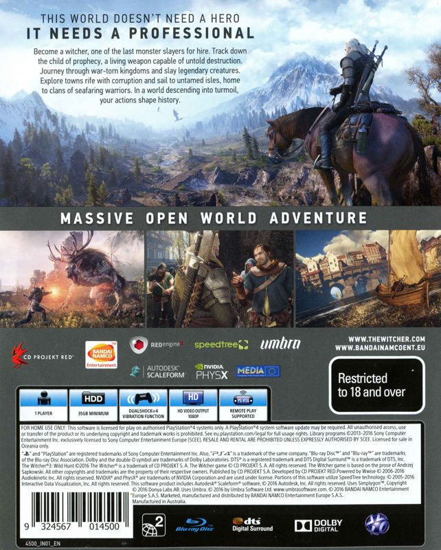 Back Cover for The Witcher 3: Wild Hunt (PlayStation 4)