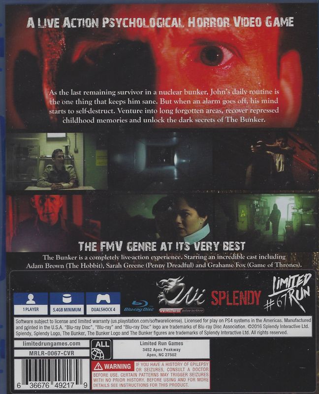 Back Cover for The Bunker (PlayStation 4) (Limited Run Games release)