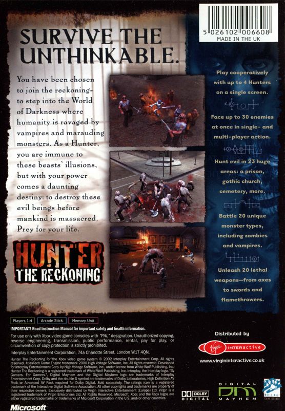 Back Cover for Hunter: The Reckoning (Xbox)