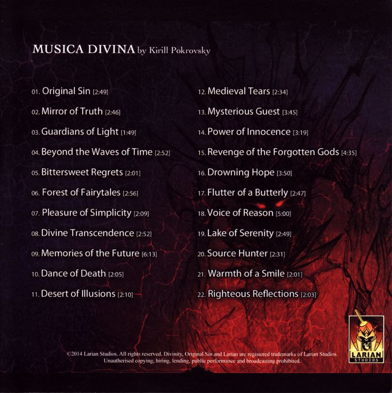 Soundtrack for Divinity: Original Sin (Collector's Edition) (Macintosh and Windows) (Kickstarter Backer Edition release): Sleeve - Back