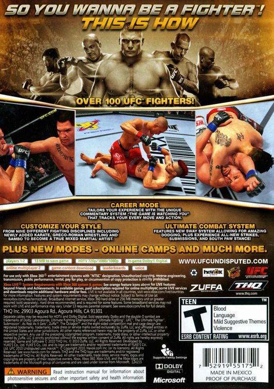 Back Cover for UFC Undisputed 2010 (Xbox 360)