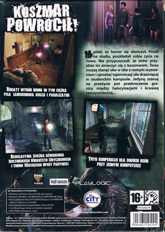 Back Cover for Obscure: The Aftermath (Windows)