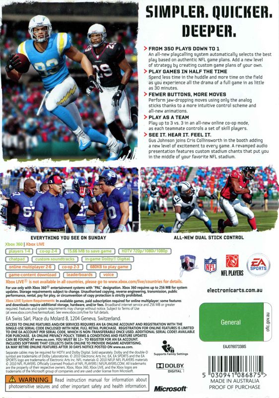 Back Cover for Madden NFL 11 (Xbox 360)