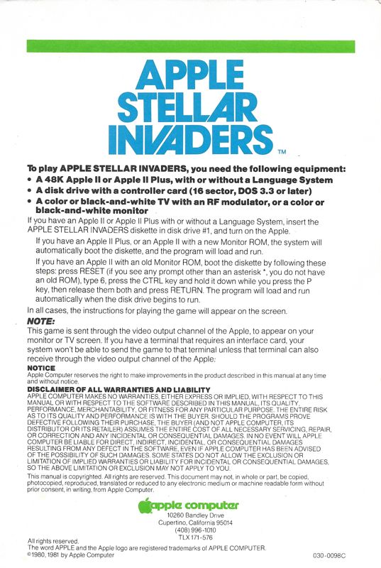 Back Cover for Apple Stellar Invaders (Apple II): Inlay cardboard back cover