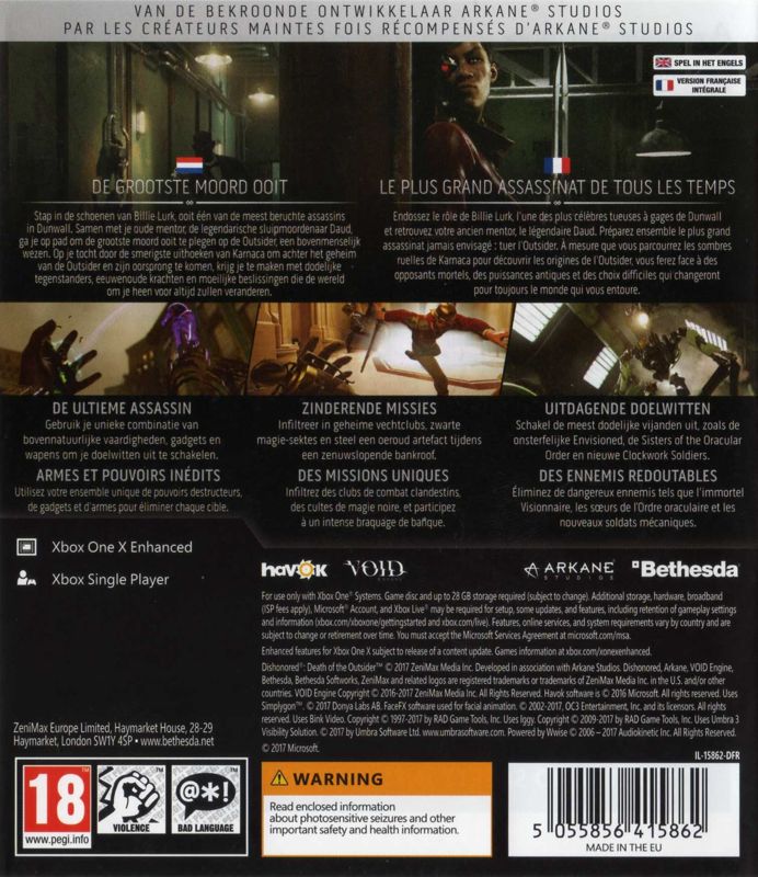 Back Cover for Dishonored: Death of the Outsider (Xbox One)