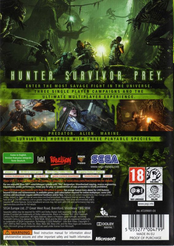 Back Cover for Aliens vs Predator (Xbox 360)