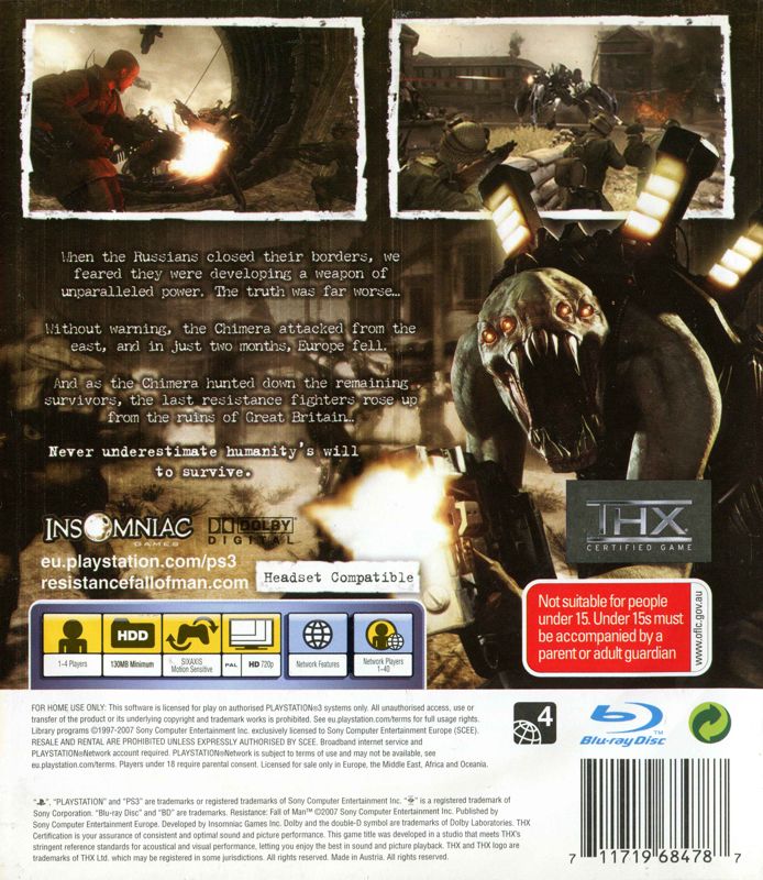 Back Cover for Resistance: Fall of Man (PlayStation 3)