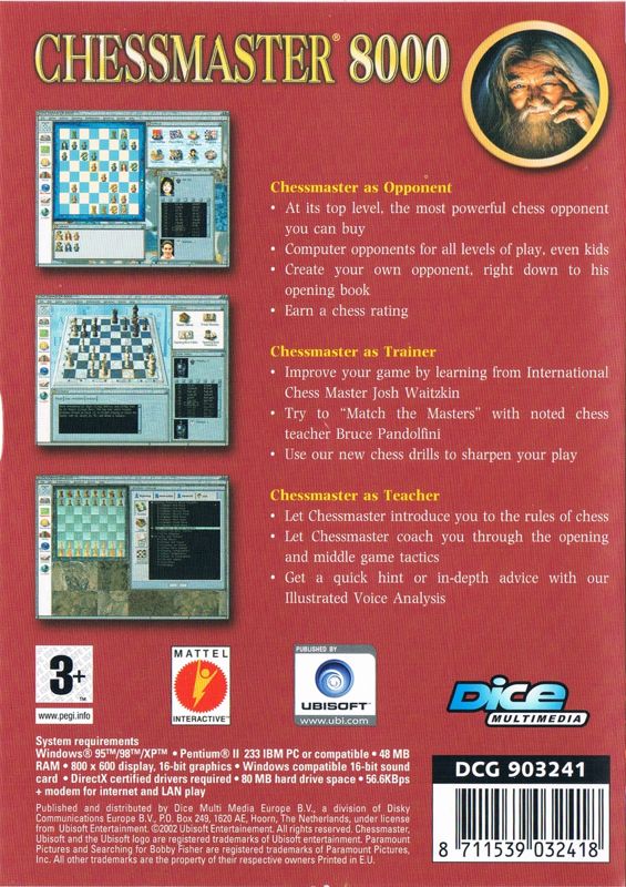 Back Cover for Chessmaster 8000 (Windows) (Dice Multimedia release)