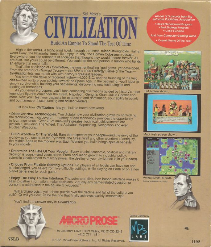 Back Cover for Sid Meier's Civilization (Macintosh)