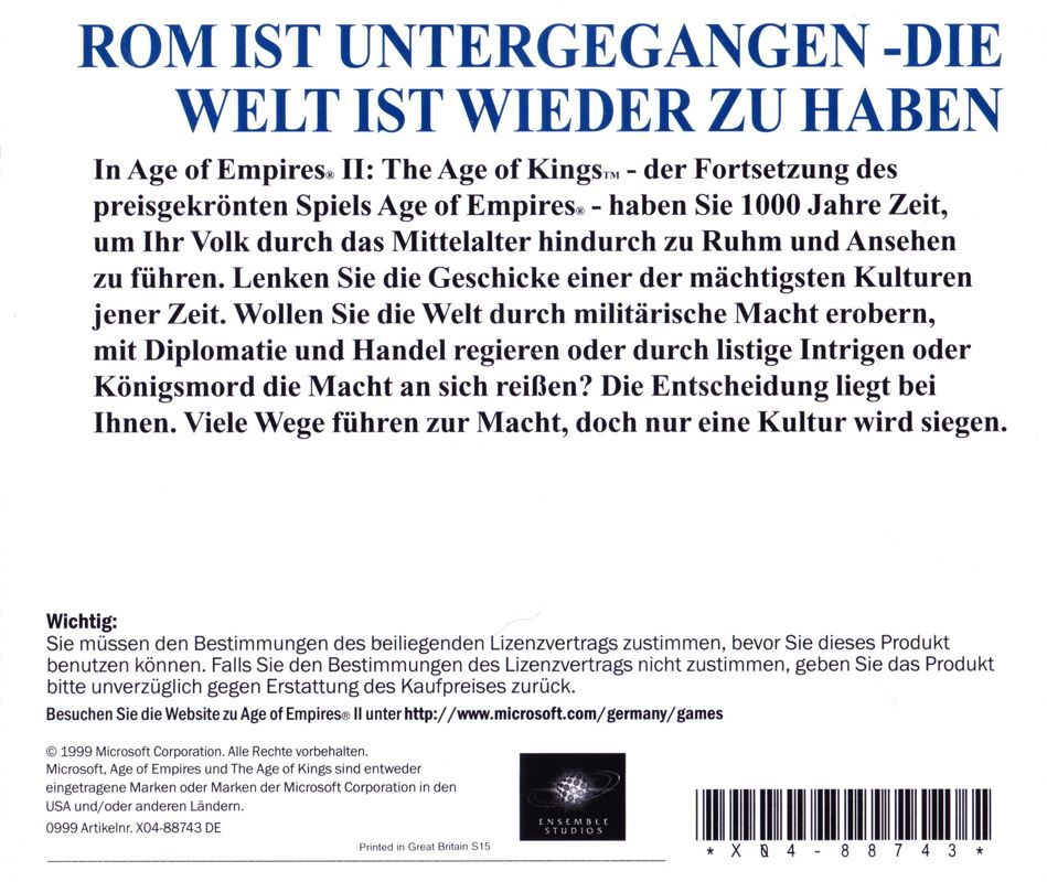 Other for Age of Empires II: The Age of Kings (Windows) ("Printed in Great Britain S15"): Jewel Case - Back