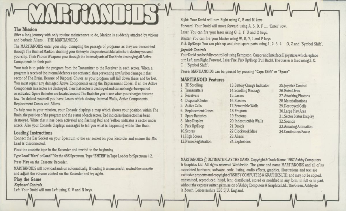 Inside Cover for Martianoids (ZX Spectrum)