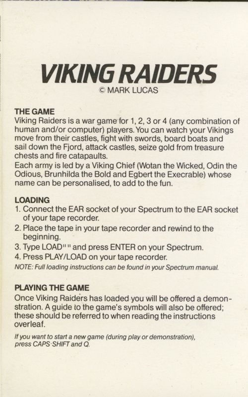 Inside Cover for Viking Raiders (ZX Spectrum)