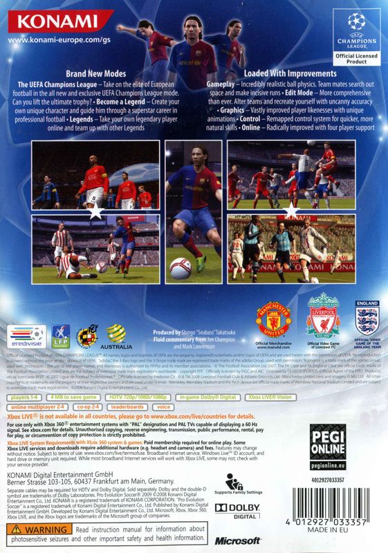 Back Cover for PES 2009: Pro Evolution Soccer (Xbox 360)