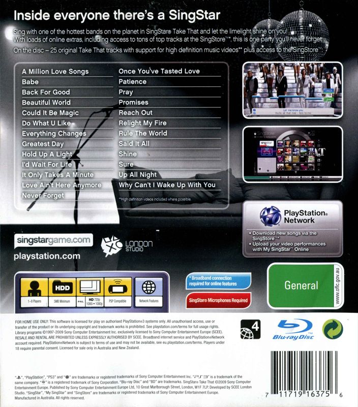 Back Cover for SingStar: Take That (PlayStation 3)