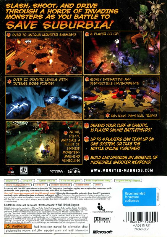 Back Cover for Monster Madness: Battle for Suburbia (Xbox 360)