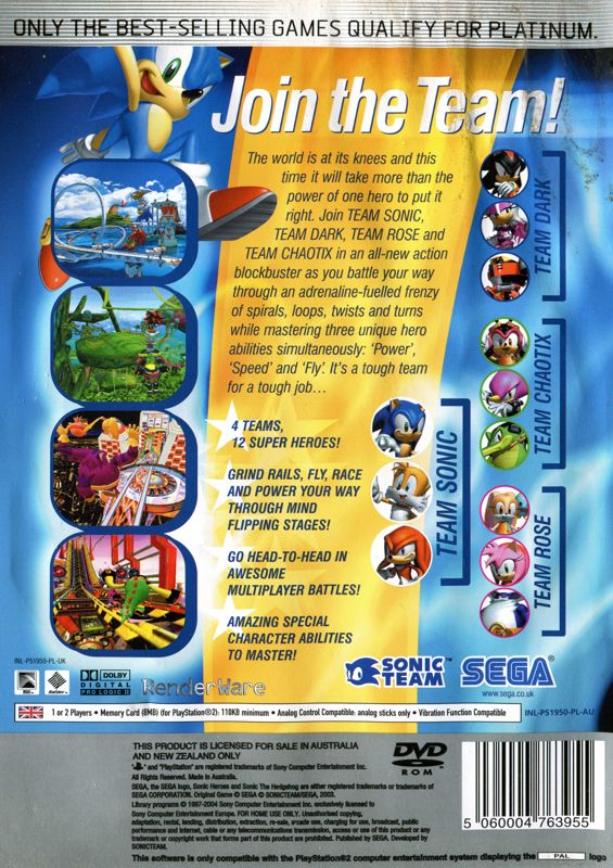 Back Cover for Sonic Heroes (PlayStation 2) (Platinum release)