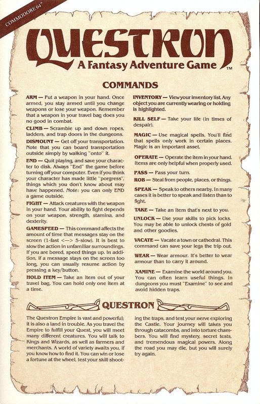 Reference Card for Questron (Commodore 64): Front