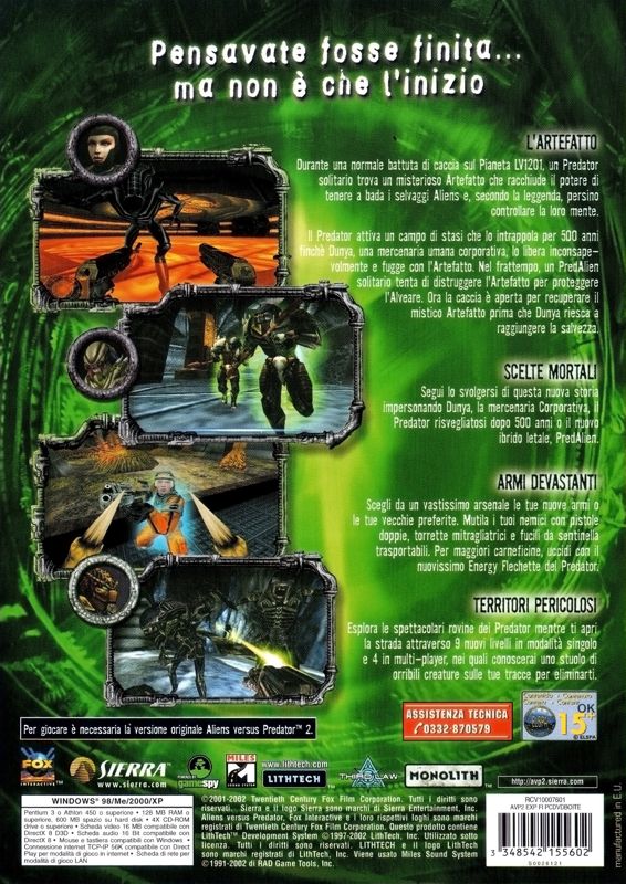 Back Cover for Aliens Versus Predator 2: Primal Hunt (Windows)