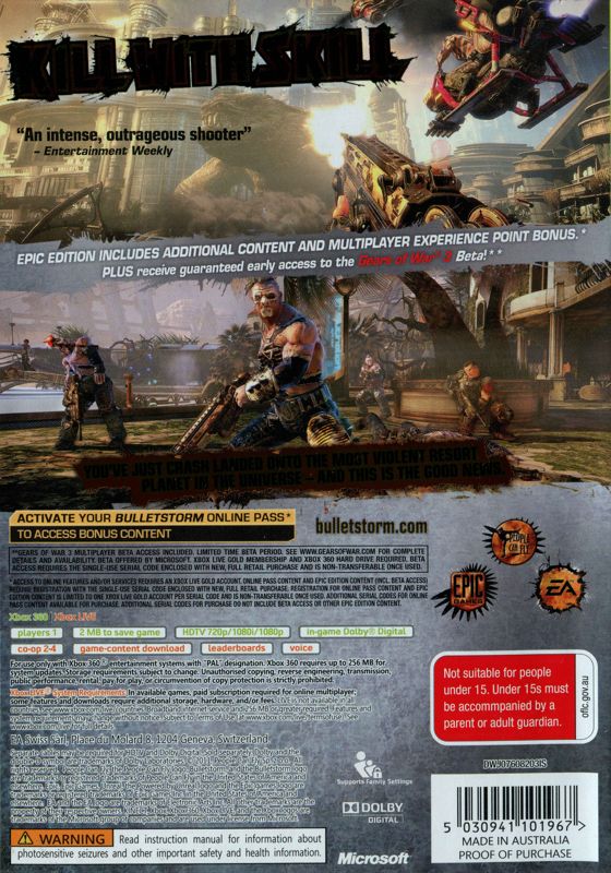 Back Cover for Bulletstorm (Epic Edition) (Xbox 360)